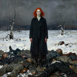 surrealist painting of a lonely woman with pale skin and red hair standing over pile of bodies in post apocalyptic snowy landscape painted by beksinski