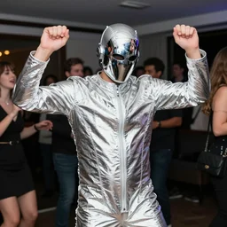 a man wearing a shiny aluminum robot suit and wearing a shiny chrome robot mask, dancing at a house party