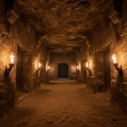 man-made underground dungeon interior with low ceiling and brown stone walls, floor completely covered with sand, doorways and passages, lit by dim orange torchlight, engraved carvings on the walls;  detailed, best on artstation, raymond swanland, bayard wu, cosmic, epic, stunning, masterpiece