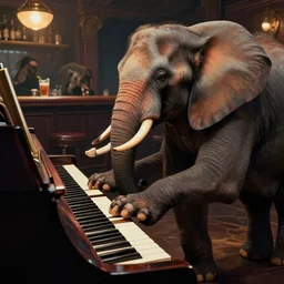 An elephant playing piano for other animals in a bar, details, smooth, sharp focus, illustration, realistic, cinematic, artstation,,award winning, artwork by Sergey Kolesov, concept art illustration