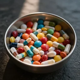 Bowl containing a mixture of colorful, dangerous pills and harmless candies. Can you guess which is which?