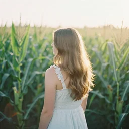 photograph of a beautiful!!! woman! from the back in a tall!! green corn field by mark owen. pastel colors. kodak portra 4 0 0 film. whirl bokeh. mamiya 7. highly detailed. hq. photoreal. golden hour. lens flare. faded film. raw. in - frame