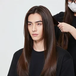 handsome man with shiny and silky long hair in foreground gets hair styled by the hair queen in background,, cannon lens
