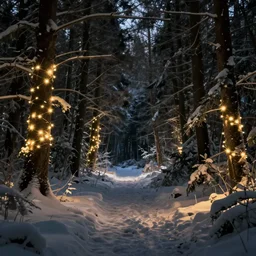 fairy lights in winter forest, artstation winter landscapes, dark fantasy