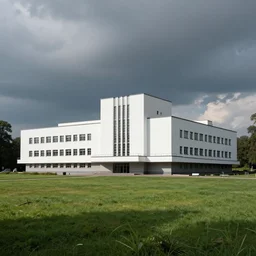 a large white building sitting on top of a lush green field, an art deco sculpture by Bauhaus, cg society, bauhaus, panorama, art deco, 1970s