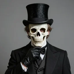portrait of a dapper man, wearing a skull mask, gloves, and a top hat, by nikolay makovsky.