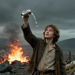 Frodo throwing can of Mountain Dew into Mt Doom, photorealistic, film