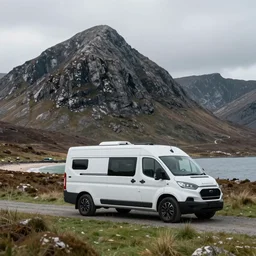 hyper detailed advertising photograph of a sci-fi campervan on the Isle of Harris, Scotland, photorealistic, 8K, rocky, mountains, grass, beach