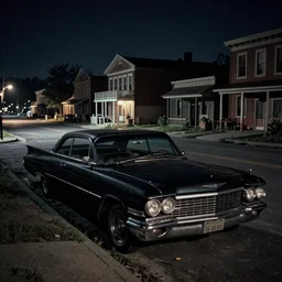 an old black Cadillac abandoned on the side of the road in an American town at night inspired by Edward Hopper, Classic America, queit street liminal space, film grain, portrait 400 filmstock, dim and dark lighting, dramatic lighting, unreal engine 5 render, trending on artstation, 8K, HDR
