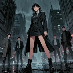 young female detective long tailored overcoat, dress, combat boots, in a dark city in the rain, surreal, comic book, low angle, wide angle, concept art by enki bilal, sam kieth, shinji aramaki, greg rutkowksi, andrew ferez