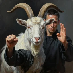 ultra realistic portrait painting of neo from the matrix as a goat the knows kung fu art by frank frazetta and beeple, 4 k, ultra realistic, highly detailed, epic lighting