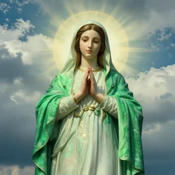 sky with clouds blending into faint virgin mary bright green portrait