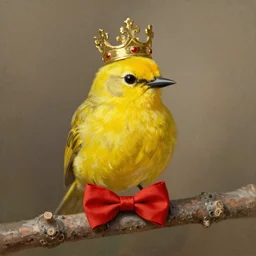 a yellow bird wearing a crown and a red bow tie by archibald thorburn