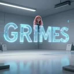 cinematic render of Grimes in a large room with holographic letters and numbers
