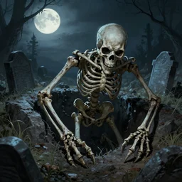 skeletal being clawing its way out of a shallow grave, moonlit graveyard, horror, ancient lighting, concept art
