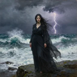 a storm witch in the orkney islands, surrounded by the rough sea with big waves, thunder and lighting, oil painting, very detailed, hyperrealistic, peter doig, very detailed, 4 k