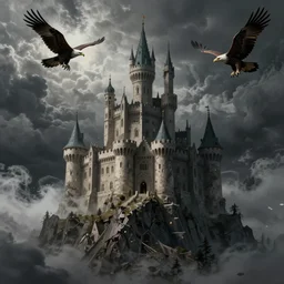 concept art, a mystery castle standing on the top of a mountain, fantastic illustration, dark background, looming cloud, two eagles hovering in the sky, style of raphael lacoste