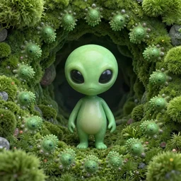 mandelbrot & julia fractal, cute alien, high moss inside hollow earth jewellery mine full colored, portal golden, god shining light of love, looping wormhole teleport, quantum physics cell, nucleus, fireflies, hight contrast, void, 8 k resolution, unreal engine 5, hyper - detailed, morning mood by beeple, justin gerard