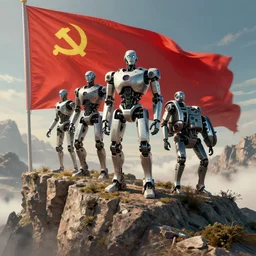 communist robot soldiers stand on the edge of a mountain, digital art, high quality
