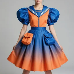 designer figure collection intiguing shaped, accordion sleeve haute couture, sailor uniform, midi skirt, coated pleats, synthetic curves striking pose, dynamic folds, cute huge pockets, volume flutter, youthful, modeled by modern designer bust, body fitted dart manipulation, picton blue, orange gradient scheme, holographic tones, expert composition, professional retouch, editorial photography