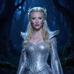 portrait of mischievous Cate Blanchett's Galadriel as a queen of fairies, dressed in a beautiful silver dress. The background is a dark, creepy eastern europen forrest.  night, blue tones, contrasts, lumnious, fantasy character concept art by ruan jia, thomas kinkade, and J.Dickenson, trending on Artstation