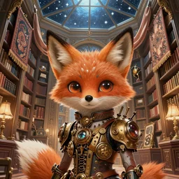 cute steampunk fox goblin with a polygonal library walls and glass ceilings showing the stars and hanging silk drapery and tapestries, light dust, magnificent, close up, details, sharp focus, elegant, highly detailed, illustration, by Jordan Grimmer and greg rutkowski and PiNe(パイネ) and 薯子Imoko and 香川悠作 and wlop and maya takamura, intricate, beautiful, Trending artstation, pixiv, digital Art