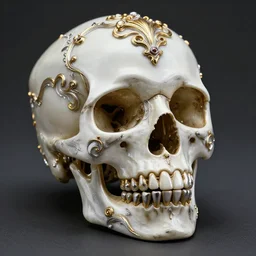 a beautiful, ornate and intricate rococo skull with vampire teeth and silver and gold details and diamonds inside a rococo frame, 4k, octane render, vray, unreal engine, photorealistic