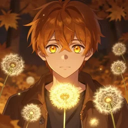 amber glowing luminescent dandelion male anime character, symmetrical, highly detailed, digital art, sharp focus, trending on art station, amber eyes, autumnal colours