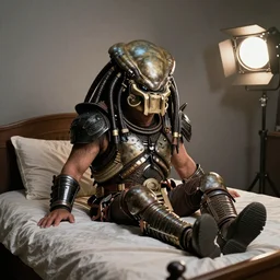 Danny DeVito on a bed with The Predator, cinematic, studio light, 8K,