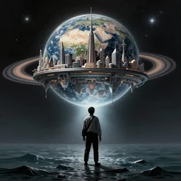 an extremely detailed low angle masterpiece epic color scene of a humanoid in the ocean looking up at a dome covered futuristic city on an earth like planet with a ringed planet and stars background, in the style of banksy, elegant, highly detailed, digital painting, artstation, cinematic lighting, extremely moody lighting, glowing light and shadow, 4 k