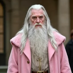 gandalf wearing a pink coat and heavy make - up