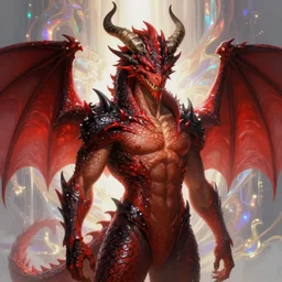 portrait of a beautiful young fit hald - dragon man, dragon head with big horns, partially human scaly torso, dragon tail in place ofthe legs, luminous scene, by greg rutkowski and alphonse mucha, d & d character, gradient red to black, in front of an iridescent fantasy background, highly detailed portrait, digital painting, artstation, concept art, smooth, sharp focus illustration, artstation hq