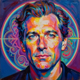 impasto pop - art oil painting portrait of a mid - aged man, ecstacy, intricate, illumination, fibonacci fractals, rule of thirds, vaporwave, vibrant colours