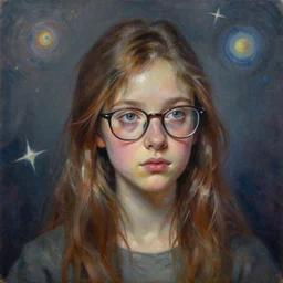 palette knife oil painting portrait of sloane martinez ( nymph ) is a petite and mousy bespectacled bookworm who has grand questions about the mysteries of the universe. a gentle soul. extreme detail, any racial background, artstation trending, artgerm, deviant art, octane, substance, art history 8 k