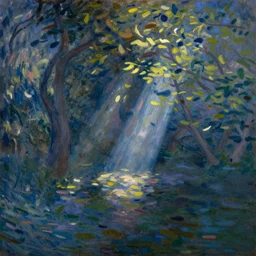 underwater scene with volumetric lighting, oil painting in the style of Claude Monet