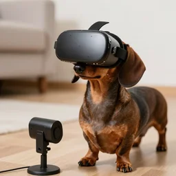 dachshund dog wearing vr headset and htc vive trackers recording motion capture