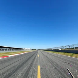 wide angle lens shot of a car racetrack with confetti on a sunny day with a clear blue sky