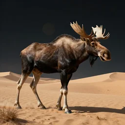 an otherworldly camel moose, walking in an extraterrestrial desert. pulp sci - fi art. dark background