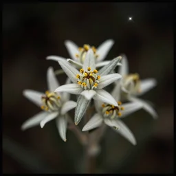 close up photography of edelweiss flower, 1. 2 f, 3 5 mm, dark, stars, 1 9 2 0 s ghost photography