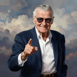 full figure Stan Lee on a caravaggio cloudy background, intricate, elegant, highly detailed, artstation, concept art, smooth, sharp focus, illustration, , digital art from artstation, digital art from deviantart, by Stjepan Sejic, Ruan Jia, and Mandy Jurgens, and Artgerm, and william adolphe bouguereau