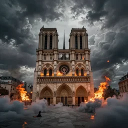 an epic matte painting of heaven versus hell, notre dame burning in the middle of the frame, master shot, massive, cinematic lighting, high definition, symmetrical, clouds, darkness, 8 k, cinematic, concept art