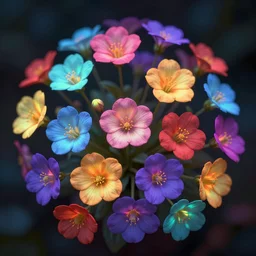 highly detailed realistic photo of glowing colorful small multiple flowers in dark background, vibrant colors, award winning masterpiece photography, hyper realistic, concept art, 8 k detail post - processing