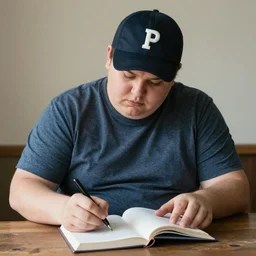 very obese man with a t-shirt and a cap with the letter P, writing on a book