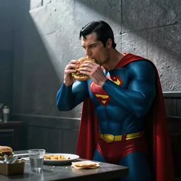superman eating a hamburger in his fortress of solitude