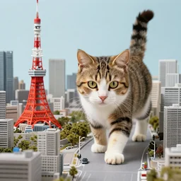 a massive kitty walking through a model city of tokyo. ( 1 9 6 4 )
