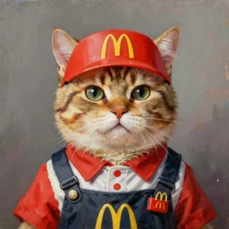 oil painting portrait of anthropomorphic cat animal dressed in modern american mcdonalds uniform, wearing mcdonalds hat, digital art