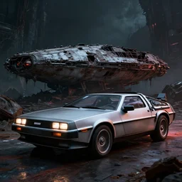delorean dmc 5 next to ancient space ship wreck horror, dark cinematic, volumetric, realistic, 3 d render, realistic render, cinematic lighting, volumetric lighting, atmospheric, cinematic, unreal engine, unreal engine render, octane render, hd, photorealism, hyper realistic, photo, 8 k