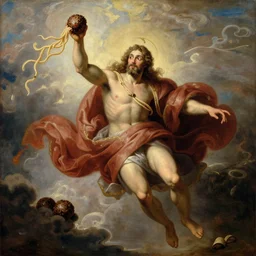 the flying spaghetti monster in all his glory, saint, holyness, epic lighting, dramatic clouds, noodly appendage, meatballs, hyper realistic classic painting, religious