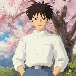 sakura, attractive male, in the style of studio ghibli, j. c. leyendecker, greg rutkowski, artem