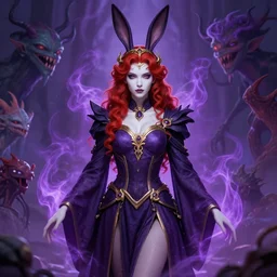 Beautiful lady with bunny ears, tall, Evoker robes, dark purple, smoke energy, strange creatures, high fantasy, heroic, detailed face, white skin, red hair, curly hair, golden circlet, ornamental rober, symmetry, trending on artstation, artstationHD, artstationHQ, deviantart, matte painting, colorful